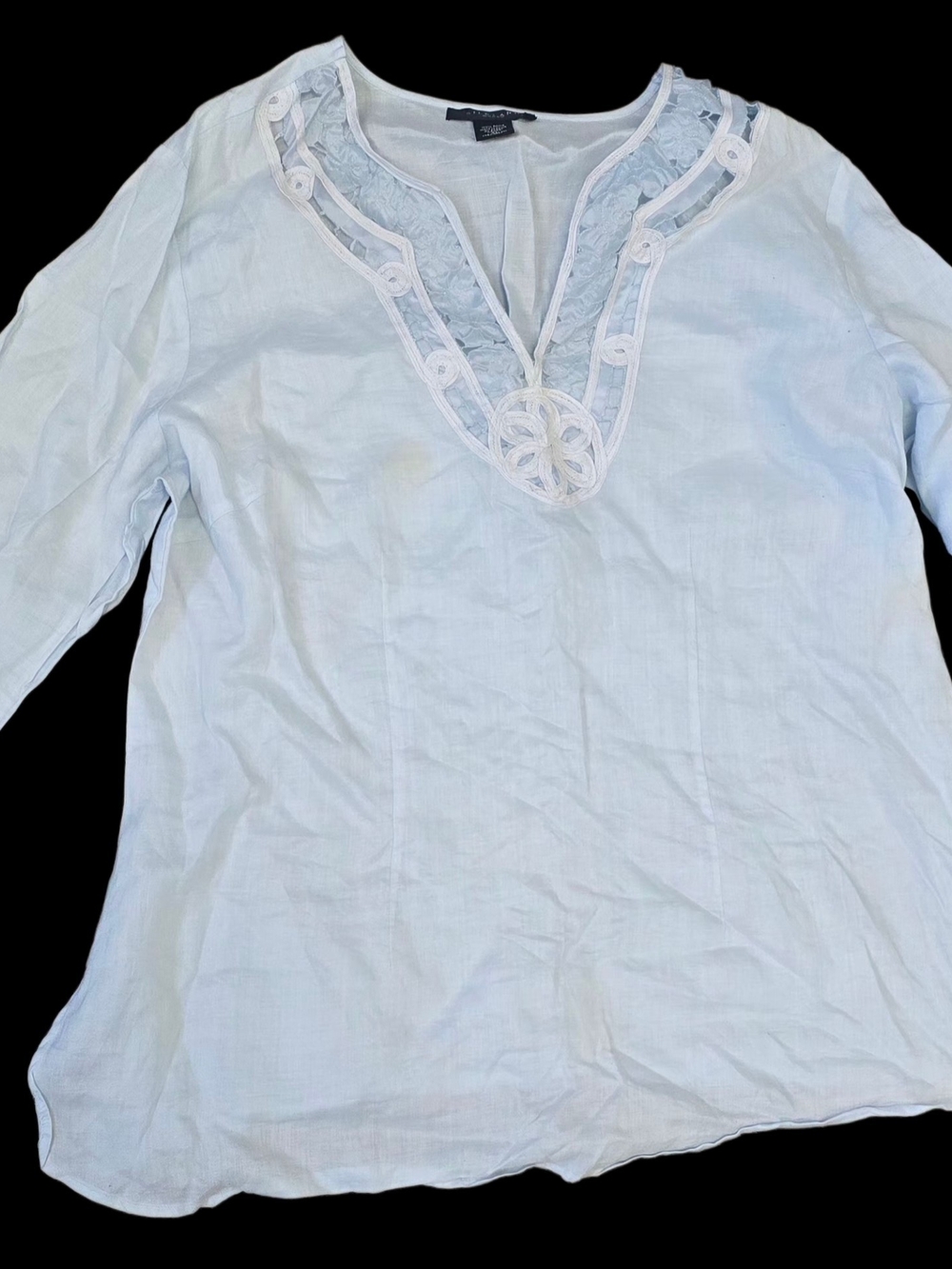 SilkLand Pale Blue V-Neck Lace Trim Women’s Blouse